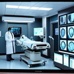 **AI in Healthcare:** "A futuristic hospital scene with AI assisting doctors in diagnosing a rare disease, holographic displays showing complex medical data."
