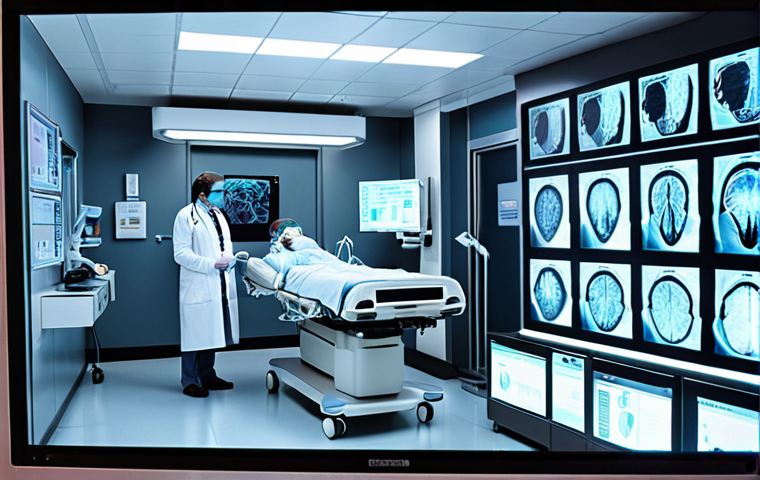**AI in Healthcare:** "A futuristic hospital scene with AI assisting doctors in diagnosing a rare disease, holographic displays showing complex medical data."