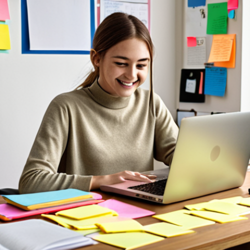 ** A person happily studying at a desk with a laptop, surrounded by sticky notes and organizational tools. Emphasis on a comfortable and distraction-free study environment. The scene should convey focus and motivation for online learning.

**