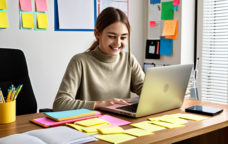 ** A person happily studying at a desk with a laptop, surrounded by sticky notes and organizational tools. Emphasis on a comfortable and distraction-free study environment. The scene should convey focus and motivation for online learning.

**