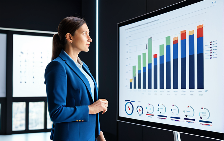 A professional Italian data visualization expert, fully clothed in a modest business suit, standing in a modern, brightly lit tech conference room. She is presenting complex information on a large, sleek digital screen displaying clear, impactful data visualizations like dynamic bar charts and elegant line graphs. Her posture is natural, and her expression is focused and engaging, demonstrating the art of transforming complexity into comprehensibility. The scene highlights advanced algorithms and research data. Perfect anatomy, correct proportions, natural pose, well-formed hands, proper finger count, natural body proportions, professional photography, high resolution, soft studio lighting, safe for work, appropriate content, fully clothed, professional dress, family-friendly.