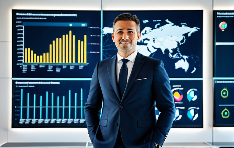 A professional Italian business executive, fully clothed in a modest business suit, stands confidently in a sleek, modern Italian office. The background features large digital displays showing abstract data visualizations and global connectivity maps, symbolizing digital transformation and resilience. The lighting is bright and optimistic, emphasizing a forward-thinking atmosphere. professional dress, appropriate attire, safe for work, perfect anatomy, correct proportions, natural pose, well-formed hands, proper finger count, natural body proportions, professional photography, high quality, appropriate content, family-friendly.
